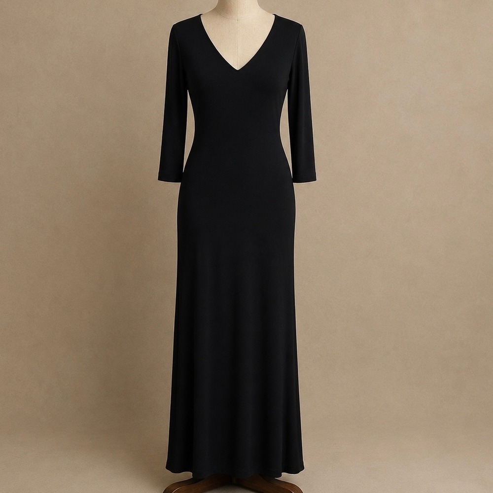 Vintage 90s Lauren Ralph Lauren Black V-Neck Maxi Dress S Minimalist Liquid